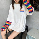 Rainbow Kawaii T Shirt Women 2020 New Spring Long Sleeve Harajuku Tees Casual Student Tops Stripe Oversized