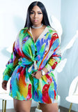 Printed Casual Turn-down Collar Long Sleeve Tie Dye Loose Shirt Plus Size Two Piece Short