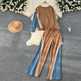 Version Of The Casual Sports Suit Women's Autumn Design Feeling Loose Collar Collar High-Waisted Denim Splicing