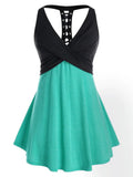 Tank Top Women Sleeveless Colorblock Shirt Summer Casual Ladies Lace Up Crossover Tanks V Neck