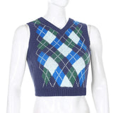Argyle Knit Tank Top Female Streetwear Preppy Style Y2K Clothing Vneck Cropped Shirt 90s