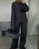 Women's Clothing 2025 Spring New Solid Color Round Neck Fashion Casual Broad Leg Trouser Sweater Set