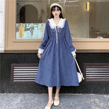 Dress Women Sweet Lace Peter Pan Collar French Elegant Long Sleeve Lace-Up Fairy One Piece Dress Korean 2021 Autumn
