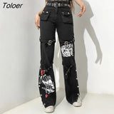 Punk Chain Bandage Wide Leg Pants 90s Baggy Pant Women Oversize Low Rise Y2k Academic Pants Streetwear E-girl