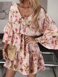 Bohemian Women Floral Printed Dress 2022 Celmia Summer Lace Up V Neck Beach Party Mini Vestidos Elegant Flared Sleeve