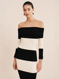 Women's Fashion Elegant Shoulder-To-Shoulder Knitted Blouse Striped Shoulder-Long