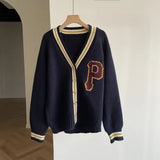 Women's Letter Print V Neck Colorblock Oversized Knit Caridgan Green Blue Gray Casual Sweater
