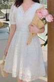 Women Summer White Floral Lace Hollow Out V-Neck Casual Dresses Elegant Single-breasted Short Sleeve Fashion Female