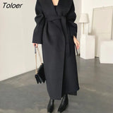 Long Wool Jacket Women Chic 2023 Winter Turn-down Collar Blend Coat Ladies Lace-up Elegant Korean Loose Outfit