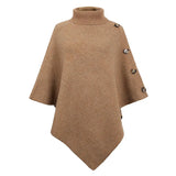 Autumn Winter Button Poncho Women Sweater Oversized Turtleneck Jumper Knitwear Holiday Vintage Cape Batwing Sleeve