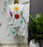 Set European Dress Design Butterfly Set Drill Short Sleeve T-Shirt Blouse Woman + Tight Waist Broad Leg Shorts Two