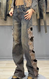 Y2K Streetwear Harajuku Butterfly Decoration Denim Pants Women's High Waist Embroidery Loose Straight Hole Ripped