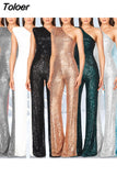 Women Elegant Long Jumpsuits Slanted Collar Party 2023 Sexy Glitter Sequin Club Playsuits Fashion Backless Solid