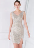 Modest V-neck Sleeveless Sequined Mini Slit Club