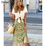 Boho Retro Floral Print Skirts Women 2023 Summer High Waist A-Line Pleated Long Skirts Casual Holiday Beach