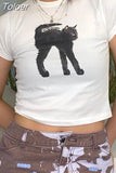 Harajuku Funny Cat Print Short Sleeve T-shirts Y2K Aesthetic O-neck Vintage Grunge Cropped Top Cute Casual Basic