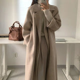 Autumn Winter Women Long Woolen Coat with Belt Long Sleeve Manteau Femme Hiver Elegant Warm Overcoat Casual Ladies Jacket