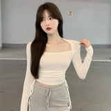 Toloer Square Collar Bottom Shirt Female Design Sense Niche 2023 Autumn Outfit With Long-Sleeved T-Shirt Slim Draw Rope Top
