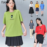 Women T-shirts 2022 Summer Short Sleeve O Neck Loose Tees Cartoon Pattern Pure Cotton Casual Chic