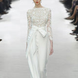 Summer Luxury Runway Fashion Round Neck Long Sleeve Lace Top+high Waist White Wide Leg Pants Set Party Women Two Piece