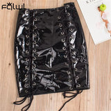 Fall Hollow Out Bandage Black PU Faux Leather Dress Suits Sexy 2 Two Piece Sets Womens Mini Skirts Sleeveless Crop