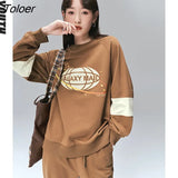 Women Sweatshirts 2022 Spring Long Sleeves O Neck Loose Hoodies Brown Planet Print Chic Casual