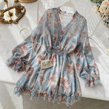 new fashion women's French dress female temperament V-neck long-sleeved chiffon floral