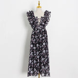 Spring Print Floral Dress For Female Square Collar Sleeveless High Waist Patchwork Ruffle Midi Dresses Female