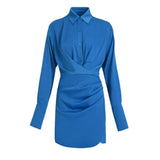 Ruched Irregular Dress For Women Lapel Long Sleeve High Waist Solid Minimalist Mini Dresses Female Autumn