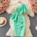 Sexy Off Shoulder Party Dress Women Summer Diagonal High Waist Irregular Ruffle Bodycon Vestidos Female Casual Red/Pink Robe