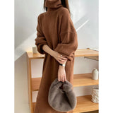 Women's Solid High Neck Roll Collar Sweater Dress 2022 Winter Khaki White Black Brown Long Loose Slim Padded Knit