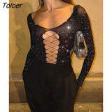 See Through Sparkly Mesh Bodysuit Women Long Sleeve Rhinestone Body Tops Hot Drill Female Party Nightclub Sexy