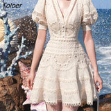 Embroidery Lace Elegant Dress Woman Summer V-neck High Waist Mini Bodycon Women Clothing Vintage Party Dresses Hollow