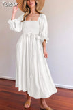 Spring Summer Tie Cord Waist Belt Ruffle Lantern Sleeve Dress Casual Women's Square Neck A-line Multi Wear Elegant