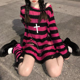 Pink Striped Gothic Sweaters Women Ripped Holes Loose Knitted Pullover Frayed Fairy Grunge Jumpers Emo Streetwear