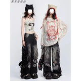 Street Ins Do Old Tuxed Hole Jeans Women's New High-Rise Loose Thin Leg