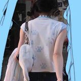 Y2k Aesthetics Tops Japanese Harajuku T-shirt 2000s Kawaii Cat Print Short Sleeve Tee Shirts Fairycore Patchwork