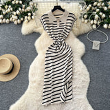 Chic Summer Dress Niche Retro Polo Collar Short-Sleeved Striped Dress Female Waist Temperament Open Long
