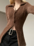 Button Up Slit Knitted Long Cardigan Brown Casual Elegant Fashion Turn-down Collar Jumper Vintage Grunge Jacket