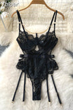Sexy Women See Through Mesh Lace Bodysuits Black Red Spaghetti Strap Sleeveless Chain Decoration Body Femme