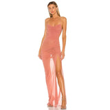 2022 Summer New Solid Color Halterneck With Suspenders Long Dress Mesh Hollow Strap Lace-Up High Slit