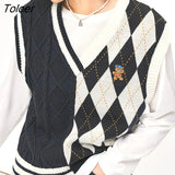 Women Knit Vest 2022 Autumn Sleeveless V Neck Loose Knitwear Irregular Checkered Patchwork Casual Streetwear