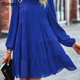 2023 Stand Collar Loose Dresses For Women Fashion Casual Long Sleeve Solid Color Dresses Elegant Holiday Beach