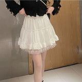 Kawaii Fashion White Mini Skirt Women Lace Ruffle Patchwork Japanese Cute Fairycore High Waist Lolita Skirt Tutu
