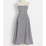 Vintage Houndstooth Strapless Dress For Women Slash Neck Sleeveless High Waist Midi A Line Dresses Female 2022