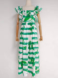 Casual Striped Dress For Women Square Collar Sleeveless High Waist Colorblock Midi Dresses Female Fashion