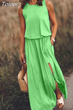 Summer Women Loose Sleeveless Long Dress Solid Color O Neck Slit Vestidos Midi Elegante Branco Office Lady