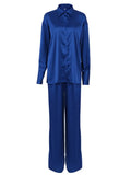 Office Satin Blue Pantsuits Long Shirt And Pants 2 Piece Sets Womens Outfits Casual Wide Legs Pants Suit Female