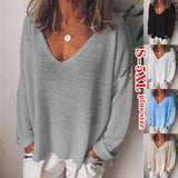 V-neck Pullover Cotton Solid Color Long Sleeve Women's