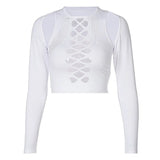 Graduation party Punk Black Long Sleeve Tops Sexy Bodycon Patchwork Basic Crop Top Women Streetwear White Hollow Out